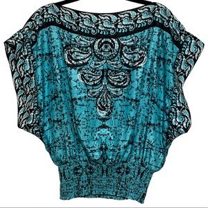 Rampage Blue Silky Short Sleeve Blouse w/ Black Detail & Cinched Waist (Size: M)